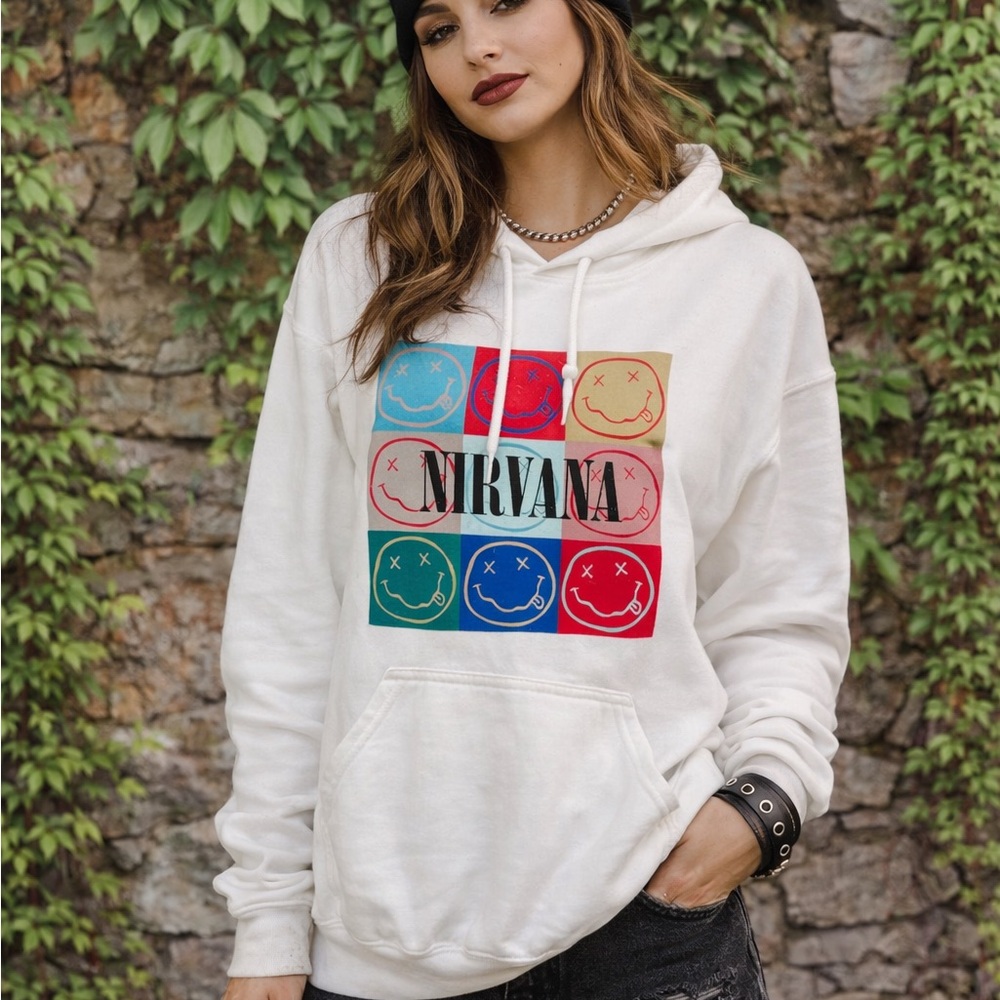 NIRVANA White Hooded Pop Art 90s Inspired Graphic French Terry Sweatshirt, XS - Picture 2 of 10